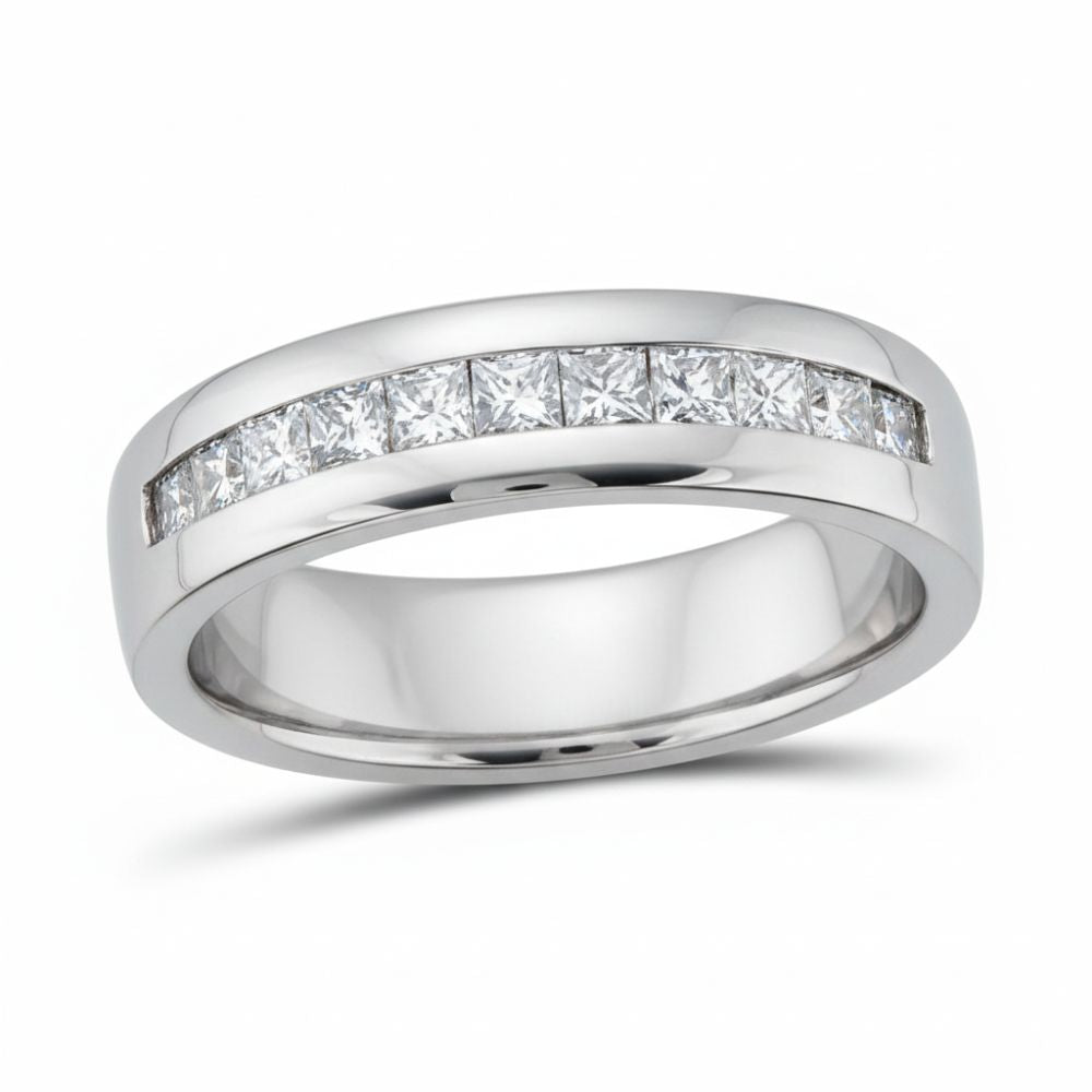 The 14k White Gold Princess Diamond Wedding Band 1/2 Cttw showcases square-cut diamonds channel-set in a sleek single row on a white background.