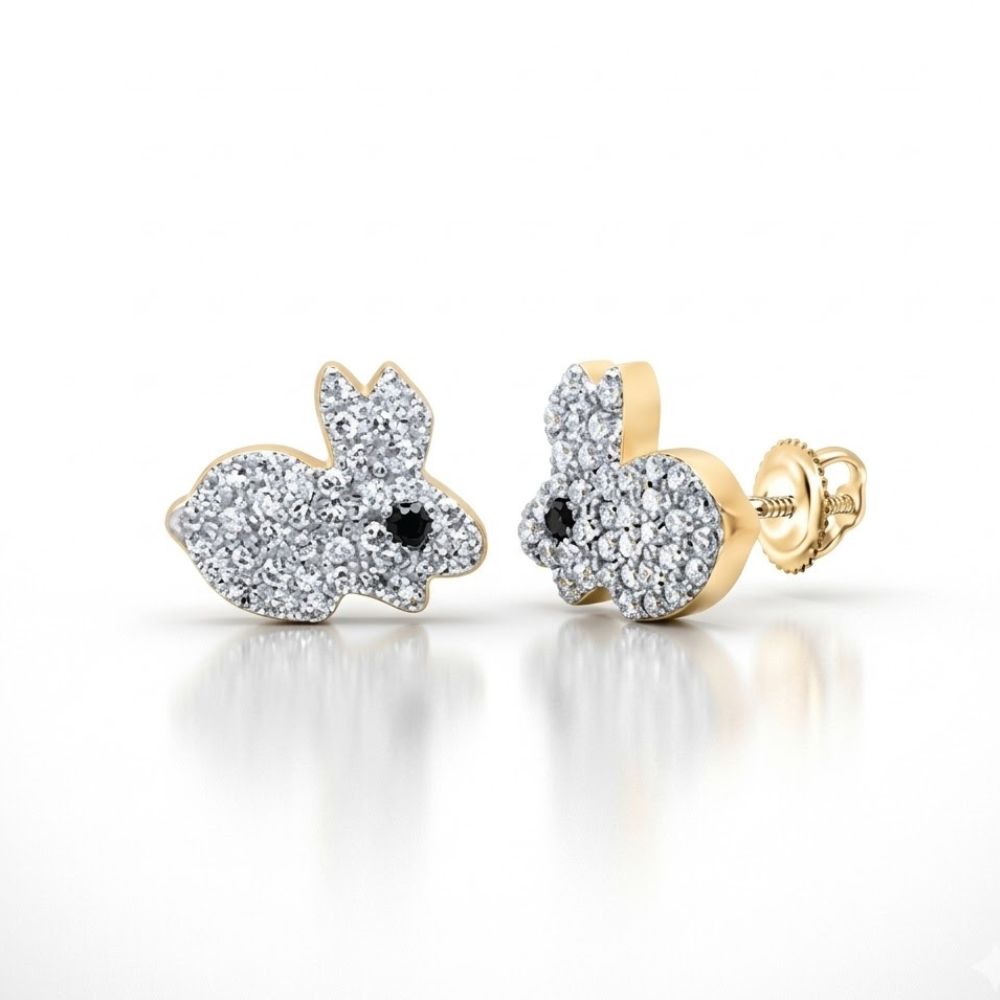 10K Gold Black Diamond Earrings 1/4 CTW shaped like rabbits, each stud encrusted with sparkling diamonds and featuring a black stone eye, shown on a white background.