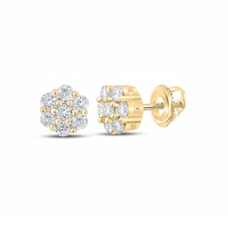 10k Gold Diamond Flower Cluster Earrings 1/4 Cttw, each featuring a floral cluster of seven round diamonds, are displayed on a white background.