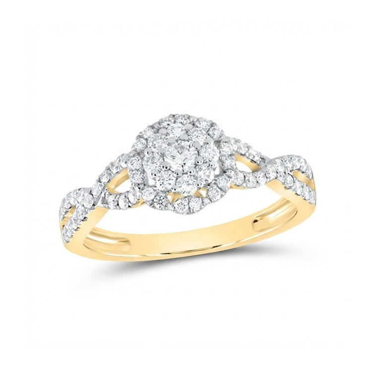 The 1/2 CTW Diamond Flower Bridal Ring in 14K gold showcases a round diamond cluster center, resembling a flower, with sparkling diamonds on the twisted band for extra elegance.
