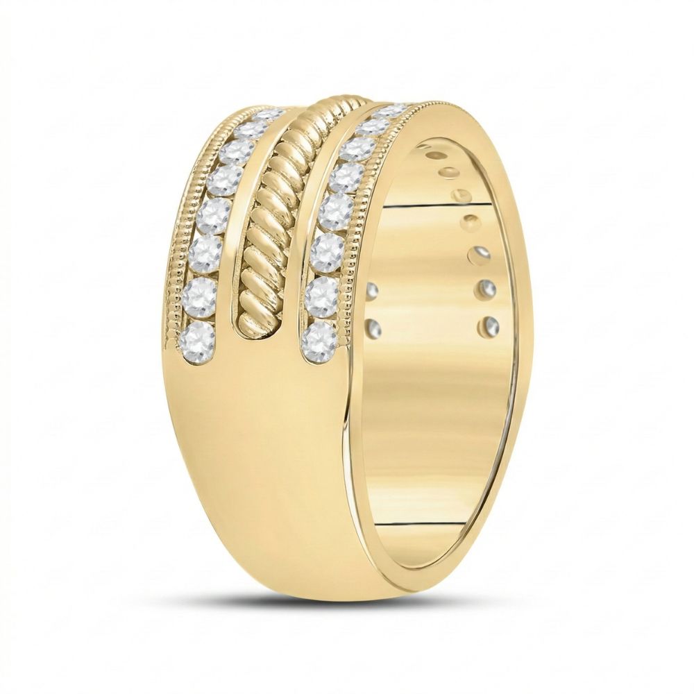 The 14k Yellow Gold Diamond Rope Wedding Band 1 Cttw showcases two rows of round diamonds separated by a rope design. Its wide, smooth, and highly polished band creates a striking impression.