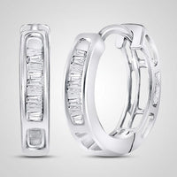 The 14k Gold Baguette Diamond Huggie Hoop Earrings 1/6 Cttw feature rectangular baguette-cut diamonds, shown from front and side views against a light gray background.