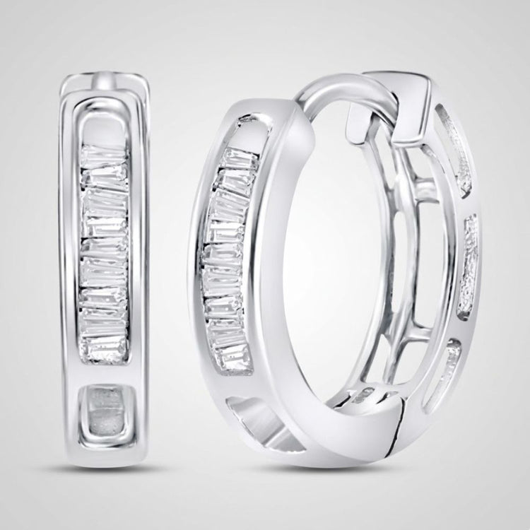 The 14k Gold Baguette Diamond Huggie Hoop Earrings 1/6 Cttw feature rectangular baguette-cut diamonds, shown from front and side views against a light gray background.