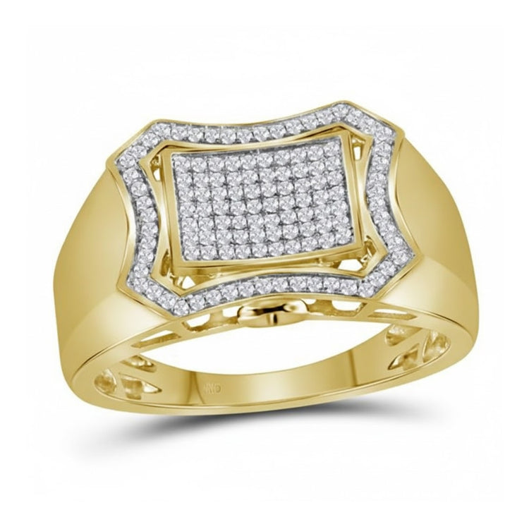 The 10k Yellow Gold Diamond Curved Octagon Ring 1/3 Cttw features a wide band and a curved octagonal top with pave-set diamonds bordered by more diamonds in a bold geometric design.