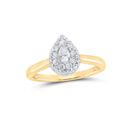 The 14k Gold Pear Diamond Halo Engagement Ring features a pear-shaped cluster of white diamonds in white gold, accented by a polished band—an elegant bridal choice.