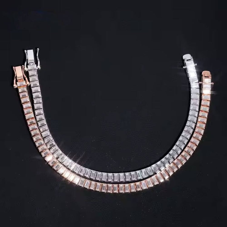 Two elegant tennis bracelets are shown on a black background: one is rose gold with rectangular clear stones, the other is the Emerald Cut Moissanite Tennis Bracelet in 925 sterling silver.