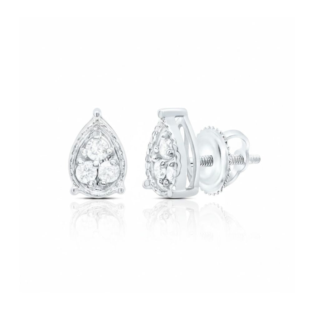 1/8CT Pear Diamond Earrings in 10k Gold featuring a cluster of natural round diamonds and a screw-back closure, shown from the front and side.
