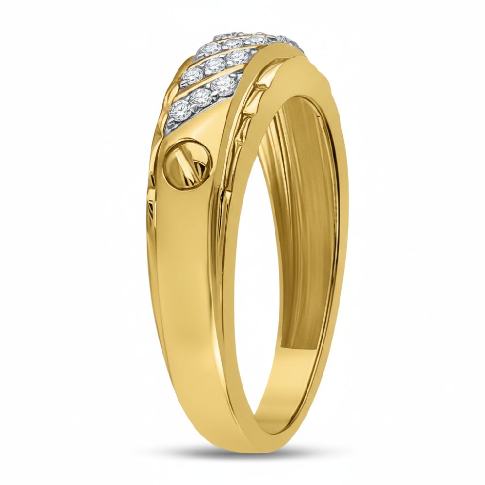 The 10K Yellow Gold 1/5 CTW Diamond Wedding Band displays a row of round diamonds in a curved pattern atop the band, accented by a unique screw-like detail on one side. Set against a plain white background.