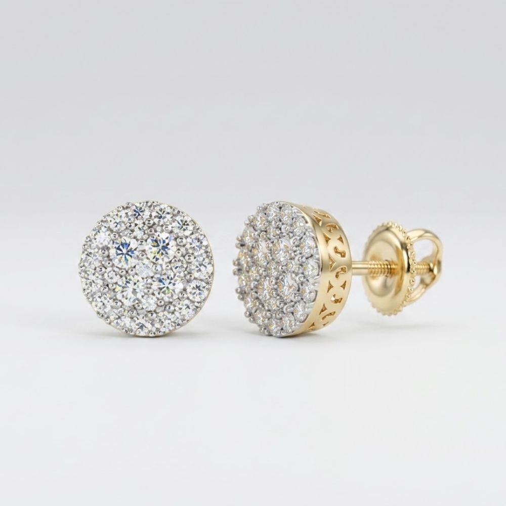 The 10k Gold Diamond Cluster Earrings 5/8 Cttw feature round gold studs with sparkling diamonds; one earring displays the front, while the other shows the side and secure screw-back post on a plain background.