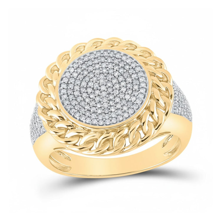 The 10K Yellow Gold Diamond Cuban Link Ring 1/2CT features a thick band, a round diamond-encrusted top bordered by a diamond Cuban link chain design, and additional rows of diamonds along the sides for stunning brilliance.