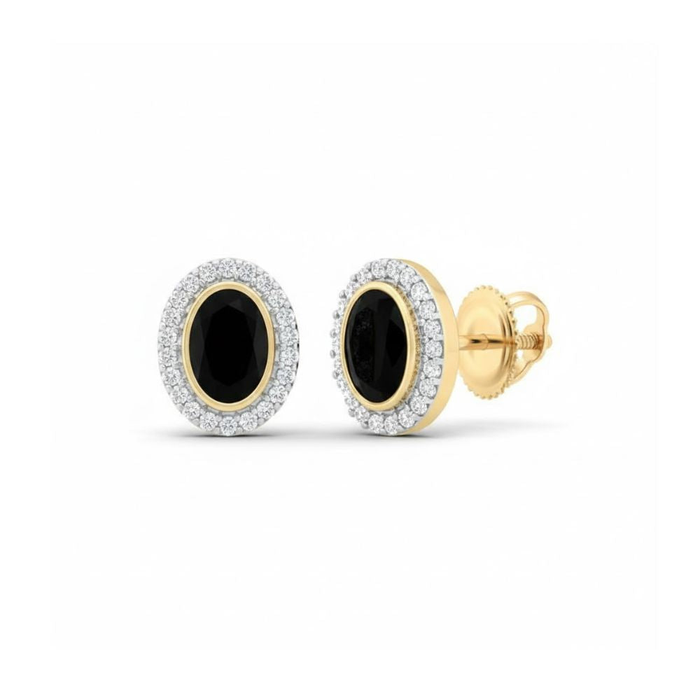 1/5CTW Diamond Onyx Earrings in 10k yellow & white gold feature oval black onyx centers, each bordered by sparkling diamonds and finished with secure screw-back closures.
