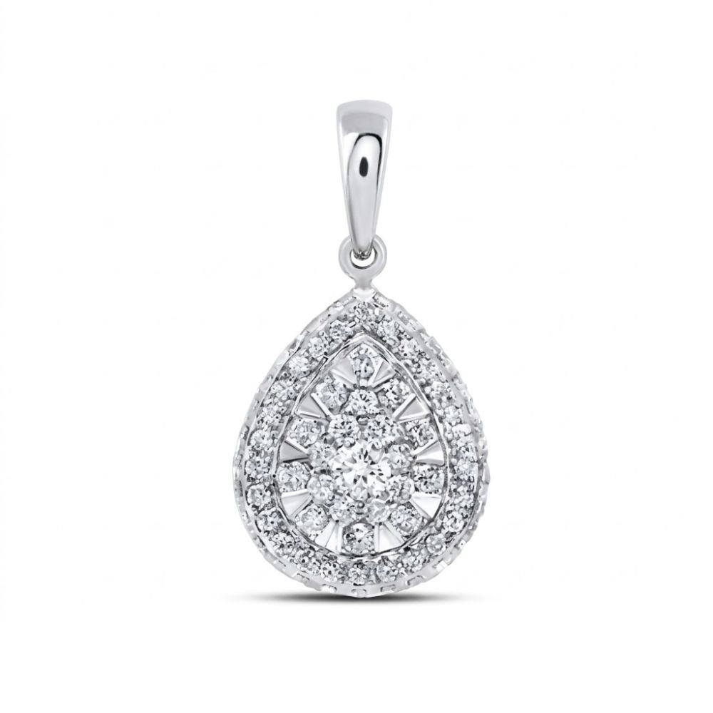 The 14K Gold 1/2 CTW Diamond Pear Pendant showcases a teardrop shape with central round diamonds, a double diamond halo, and two-tone gold design, finished with a smooth bail on top.
