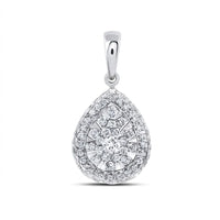 The 14K Gold 1/2 CTW Diamond Pear Pendant showcases a teardrop shape with central round diamonds, a double diamond halo, and two-tone gold design, finished with a smooth bail on top.