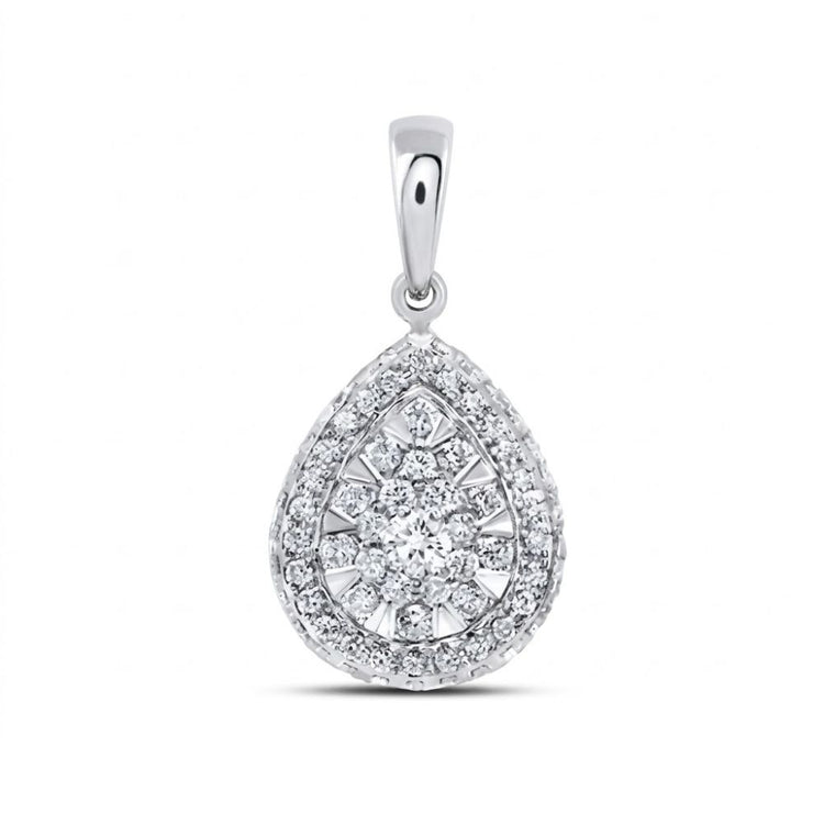 The 14K Gold 1/2 CTW Diamond Pear Pendant showcases a teardrop shape with central round diamonds, a double diamond halo, and two-tone gold design, finished with a smooth bail on top.