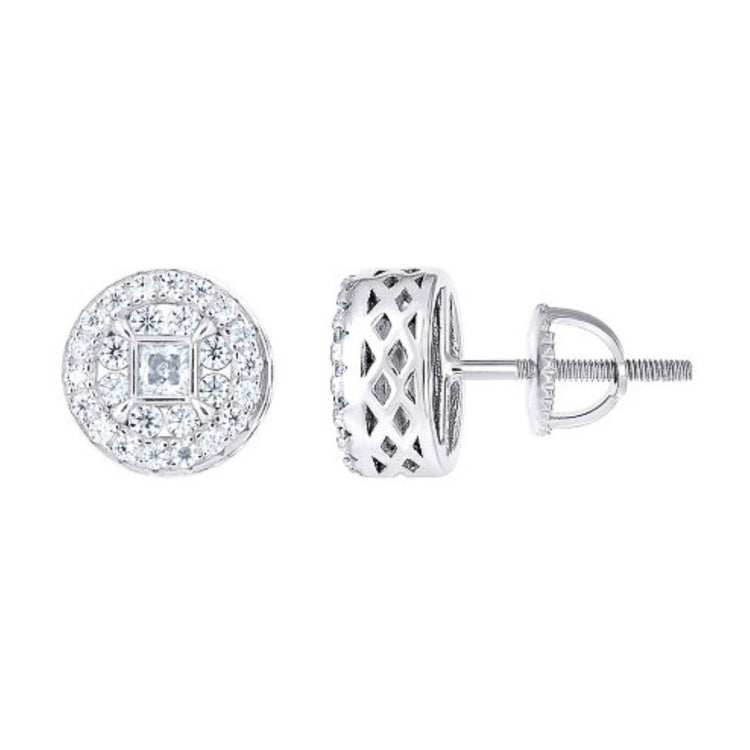 925 Silver Princess-Cut Moissanite Stud Earrings feature a central princess-cut Moissanite, surrounded by smaller diamonds and secured with screw-back closures. Shown from both front and side views.