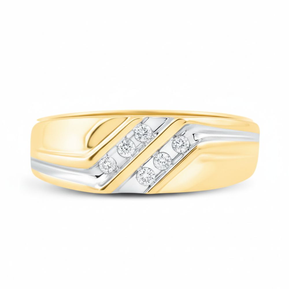 The 10k Two-Tone Gold Diamond Wedding Band – 1/8 Cttw features a polished finish, diagonal silver accents, and five small round diamonds set in a row within the silver section, displayed on a white background.