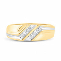 The 10k Two-Tone Gold Diamond Wedding Band – 1/8 Cttw features a polished finish, diagonal silver accents, and five small round diamonds set in a row within the silver section, displayed on a white background.