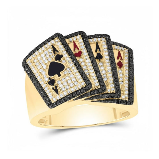 10k Gold Black Diamond Ace Card Men's Ring 3/4 Cttw