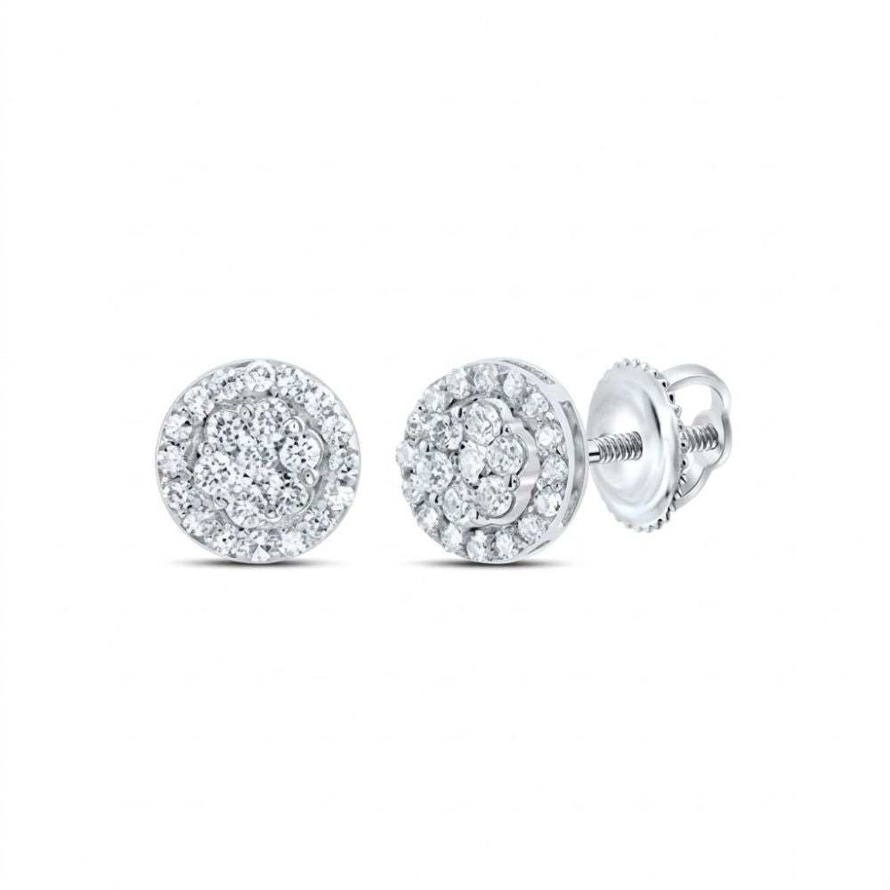 A pair of 1/2CT Diamond Flower Earrings in 10K gold, featuring a round floral cluster design, displayed from the front and side on a white background.