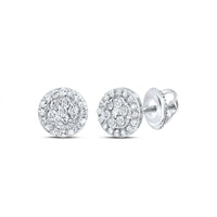 A pair of 1/2CT Diamond Flower Earrings in 10K gold, featuring a round floral cluster design, displayed from the front and side on a white background.