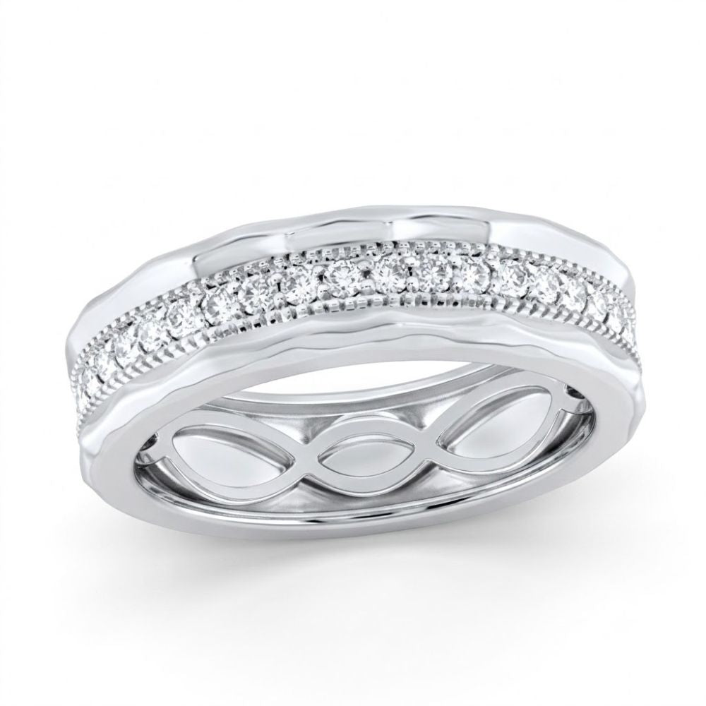 The 3/8CT Diamond Mens Band 10K Gold Ring features a row of sparkling diamonds along the center, wavy edges, and an infinity symbol pattern on the inner band, available in silver or white gold.