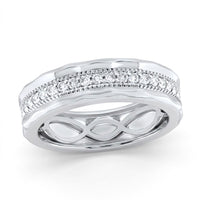 The 3/8CT Diamond Mens Band 10K Gold Ring features a row of sparkling diamonds along the center, wavy edges, and an infinity symbol pattern on the inner band, available in silver or white gold.
