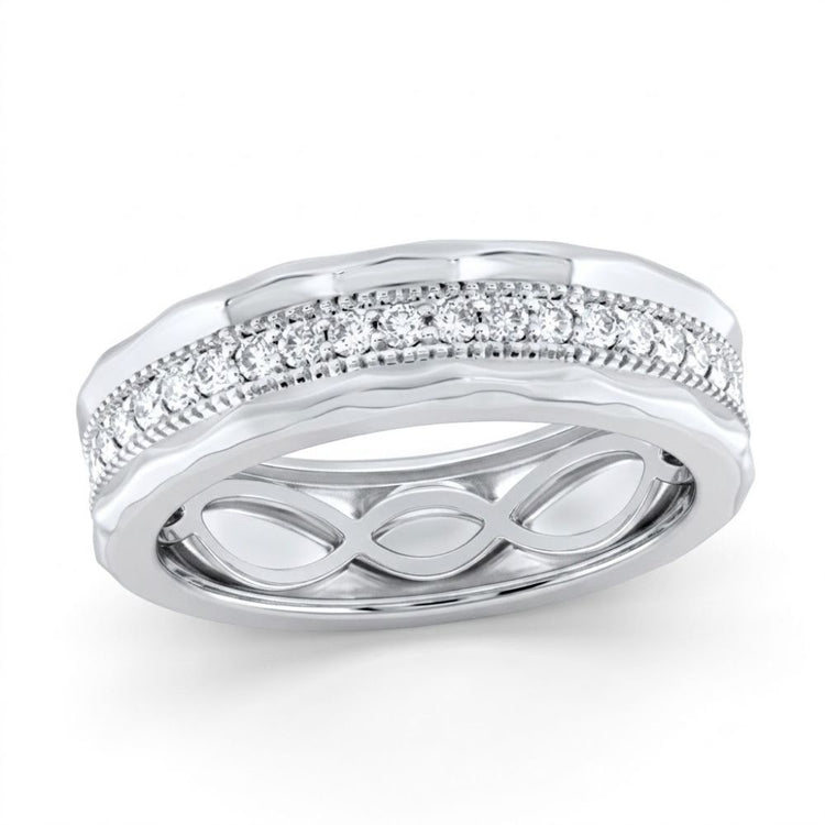 The 3/8CT Diamond Mens Band 10K Gold Ring features a row of sparkling diamonds along the center, wavy edges, and an infinity symbol pattern on the inner band, available in silver or white gold.
