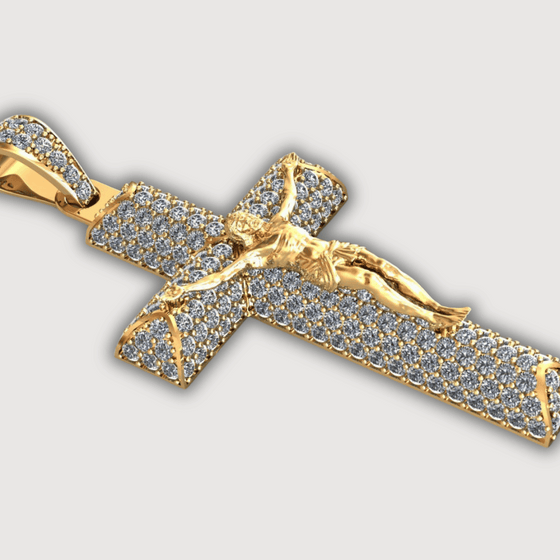 14K Gold Diamond Crucifix Pendant with intricate detailing and sparkling diamonds, symbolizing faith and elegance.