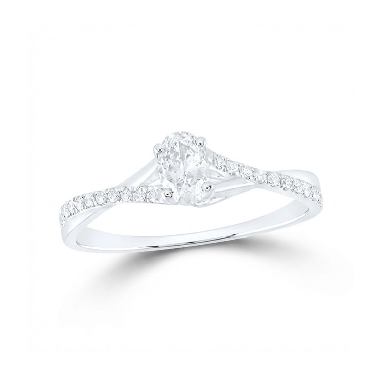The 14k Gold Oval Diamond Solitaire Engagement Ring 3/8 Cttw features a central oval diamond and a twisted band with small round diamonds, shown on a white background.