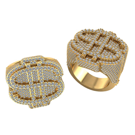 Two gold Dollar Sign Diamond Ring – 4.32 CT Pavé Design men's rings, each encrusted with small diamonds and featuring a bold dollar sign on top, are displayed against a white background.