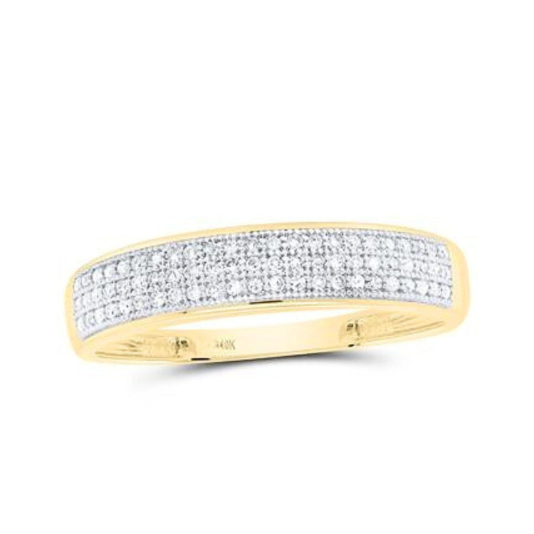 The 10k Gold Diamond Pave Band Ring 1/5 Cttw features a wide yellow gold band adorned with multiple rows of sparkling pave-set white diamonds across the top.