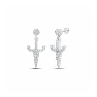 A pair of 10k gold round diamond dagger dangle earrings featuring gem-studded studs at the top and a bold sword design below.