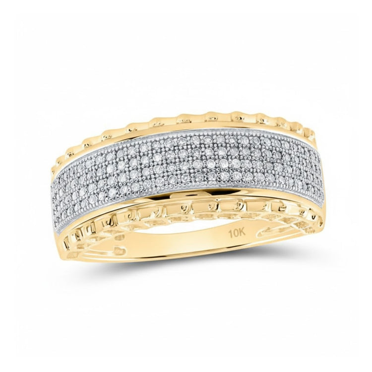 The 10K Yellow Gold Diamond Band Ring 1/3 Cttw features a row of round diamonds set on a wide 10K yellow gold band with textured edges and an engraved “10K” inside for authenticity.