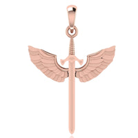 The 14k Gold Winged Sword Pendant features detailed outstretched wings on both sides of the hilt and hangs from a simple bail, making it an elegant rose gold piece for any jewelry collection.