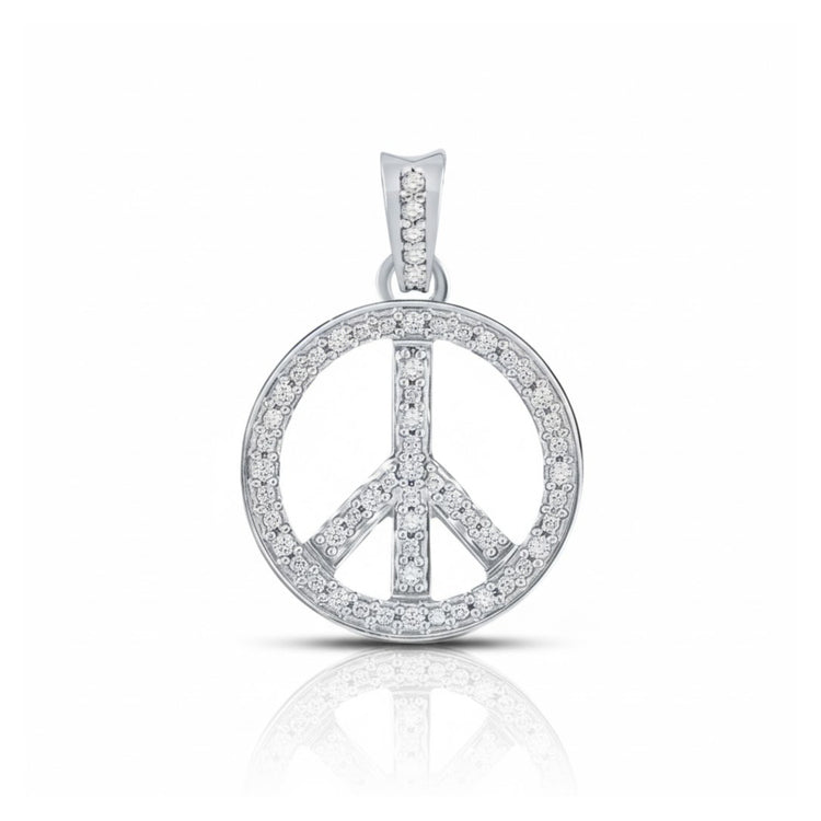 The 10K White Gold Diamond Peace Sign Pendant 1/4 CT features sparkling diamonds set in elegant white gold, shining beautifully against a white background.