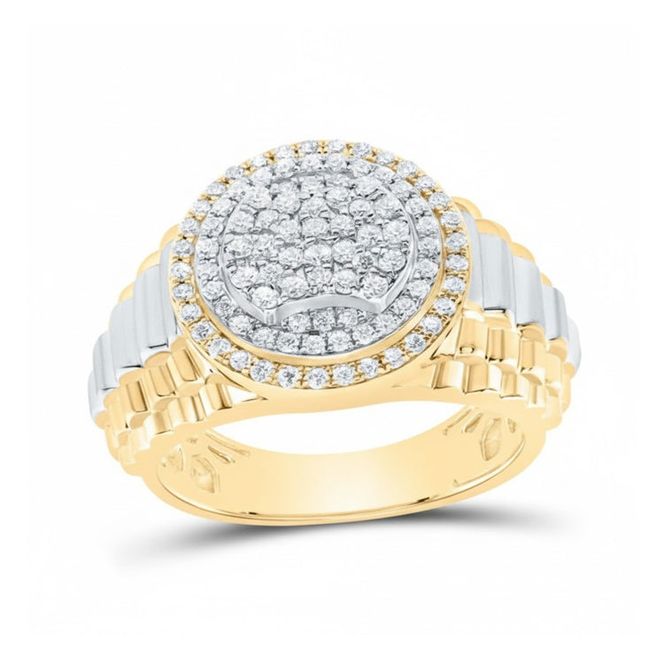 The 10K Yellow Gold Men’s Diamond Ring 7/8 CTW features a wide band, a central round cluster of natural diamonds, two rows of channel-set round diamonds, and white-metal accents on the sides.