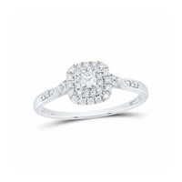 The 1/4 CTW Diamond Double Halo Engagement Ring features a central square-cut diamond with a cushion-shaped double halo and additional diamonds along the silver band.