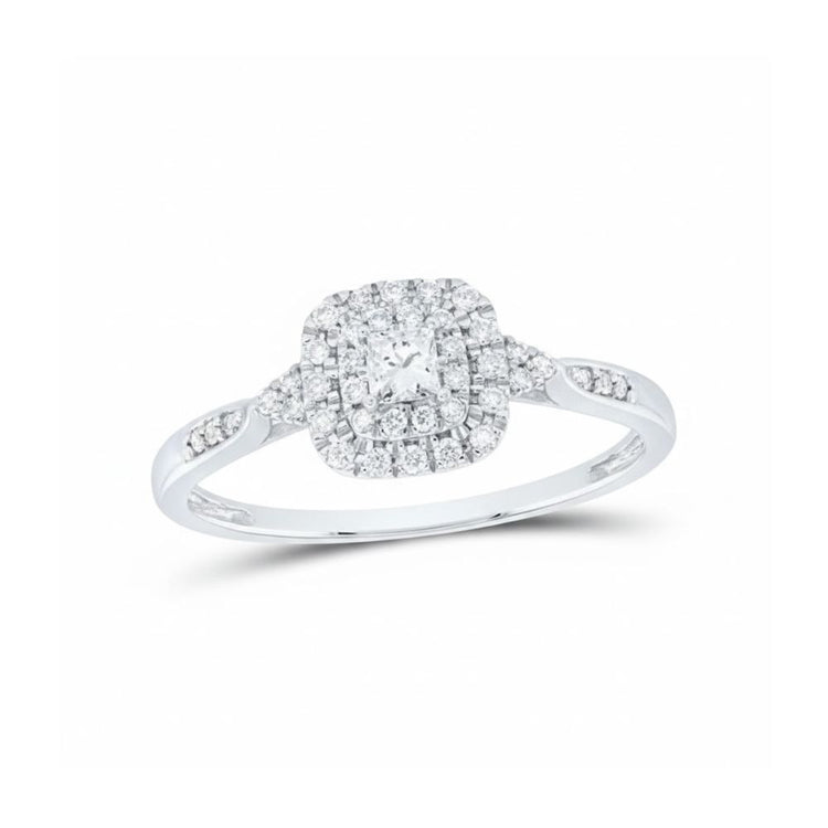 The 1/4 CTW Diamond Double Halo Engagement Ring features a central square-cut diamond with a cushion-shaped double halo and additional diamonds along the silver band.