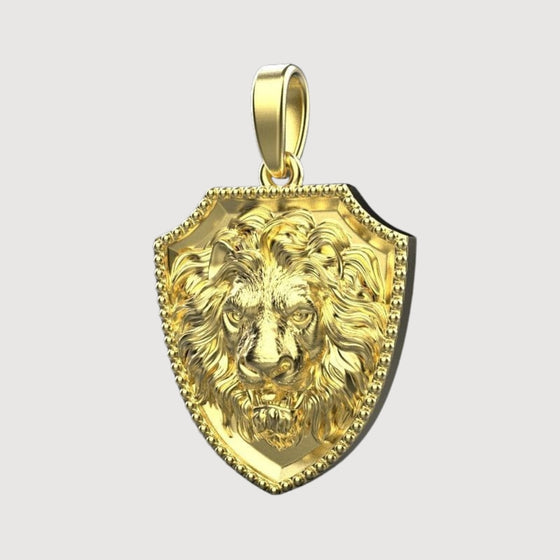 14k Gold Lion Shield PendantShowcase strength with the 14K Gold Lion Shield Pendant. Features a detailed lion emblem on a shield design in radiant 14K gold for a bold and sophisticated look.