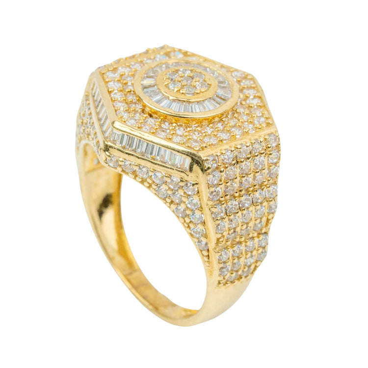 A 10K gold Round Cluster Gold Ring featuring a hexagonal top, adorned with rows of CZ stones in round and baguette cuts, creating an intricate geometric design.