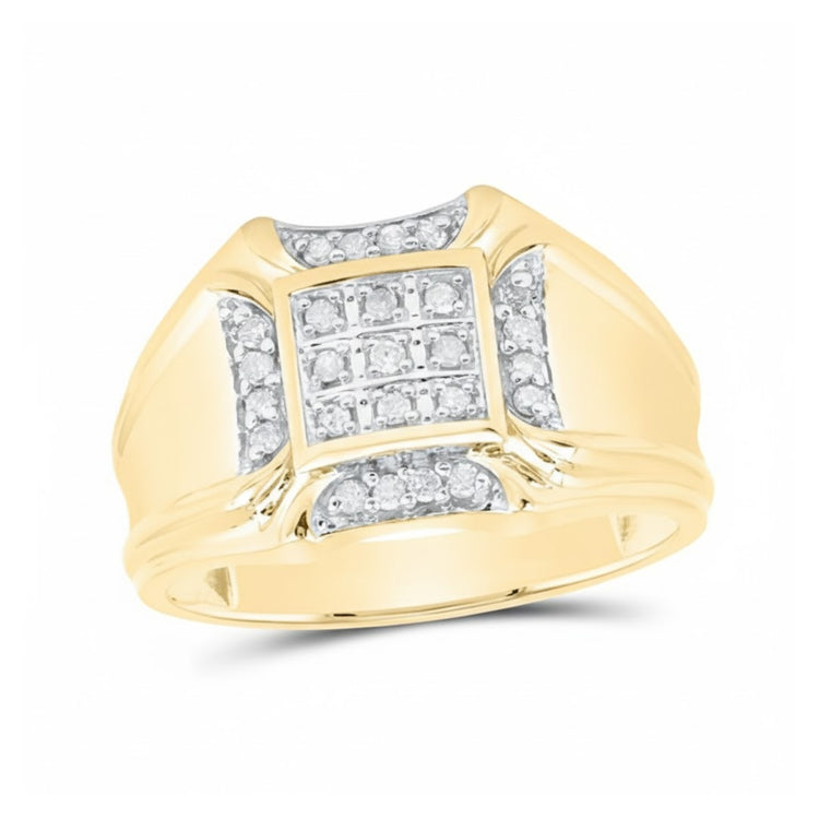The 10K Yellow Gold Diamond Cluster Ring 1/4CT features a square diamond cluster centerpiece, sparkling side accents, and a wide, polished band for a stunning look.