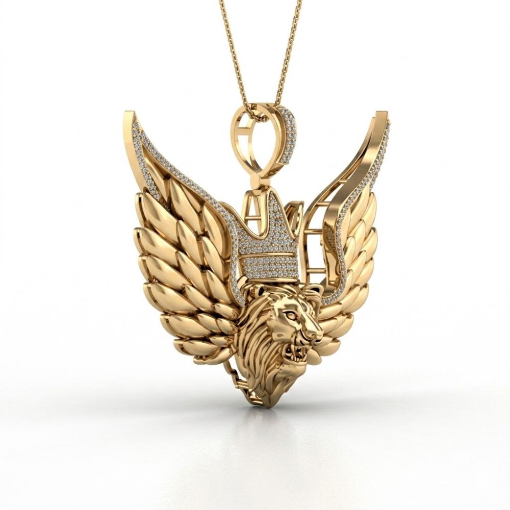 The 10K Gold Diamond Lion Crown Charm Pendant 1/2 CTW features a roaring lion’s head with a crown, detailed craftsmanship, and sparkling diamonds, crafted in yellow gold and suspended from a fine gold chain against a white background.