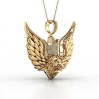 The 10K Gold Diamond Lion Crown Charm Pendant 1/2 CTW features a roaring lion’s head with a crown, detailed craftsmanship, and sparkling diamonds, crafted in yellow gold and suspended from a fine gold chain against a white background.
