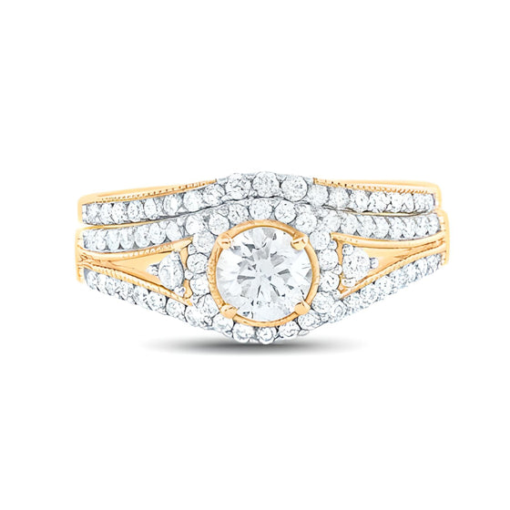 1-1/4CTW Round Diamond Bridal Engagement Wedding Ring Set- 14K Yellow Gold