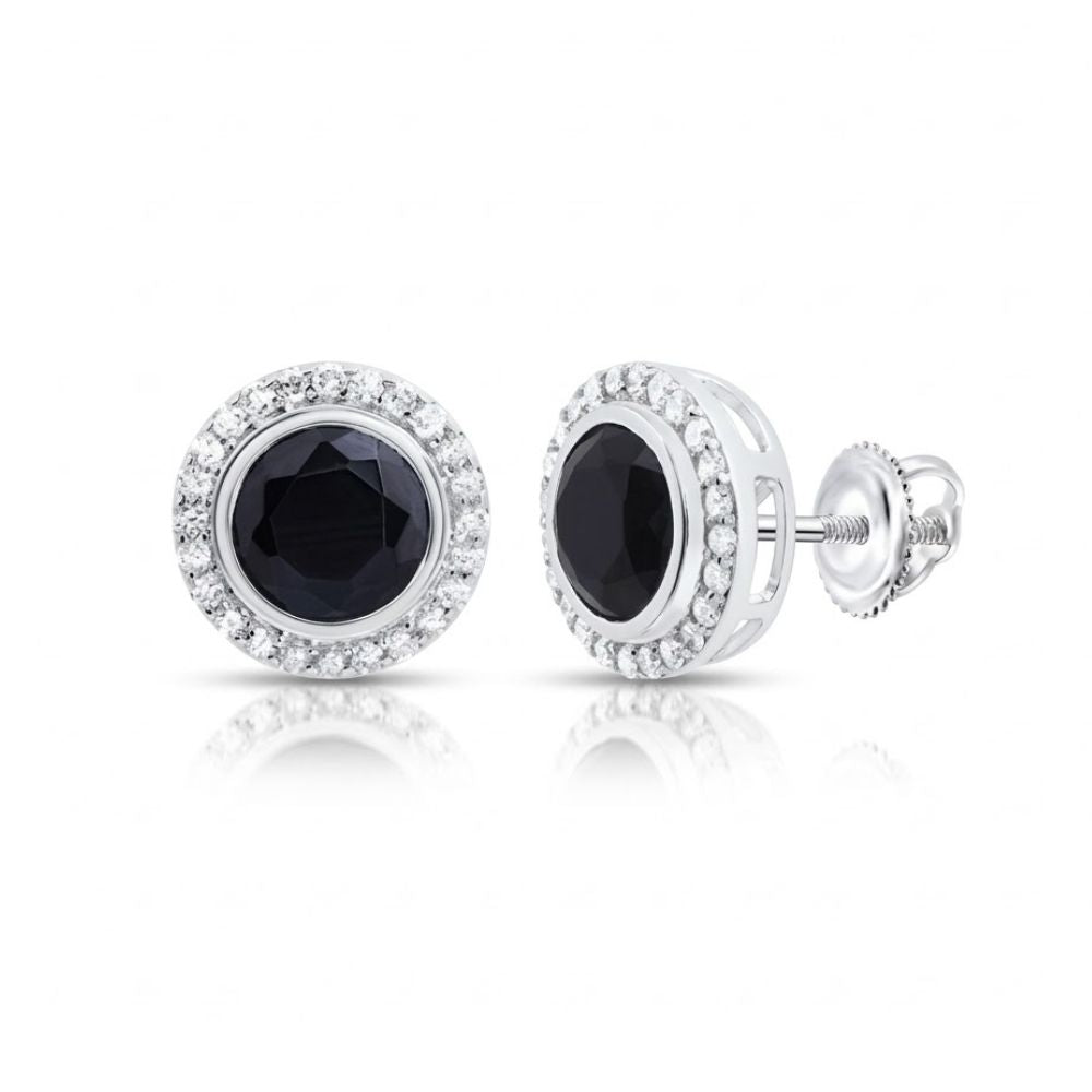 The 1/4 CTW Diamond Round Onyx Black Earrings showcase a central black onyx framed by a halo of sparkling diamonds, all set in polished silver with secure screw-back closures.