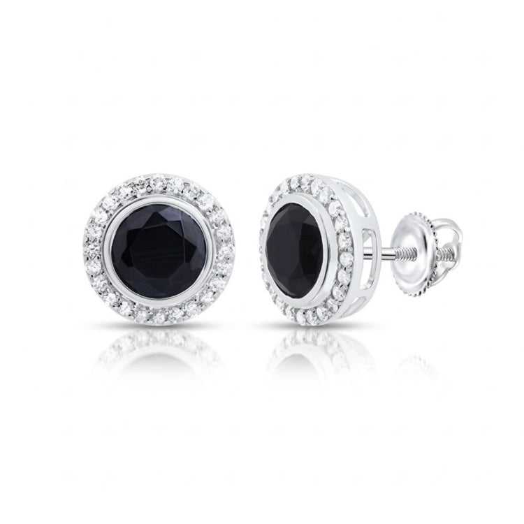The 1/4 CTW Diamond Round Onyx Black Earrings showcase a central black onyx framed by a halo of sparkling diamonds, all set in polished silver with secure screw-back closures.
