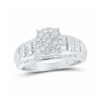 The 10k Gold Round Diamond Cluster Bridal Ring 1/2 Cttw features a stunning diamond cluster center with baguette and round diamonds set into an elegant split shank band—perfect for engagements.