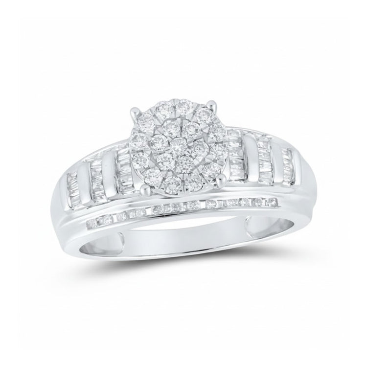 The 10k Gold Round Diamond Cluster Bridal Ring 1/2 Cttw features a stunning diamond cluster center with baguette and round diamonds set into an elegant split shank band—perfect for engagements.