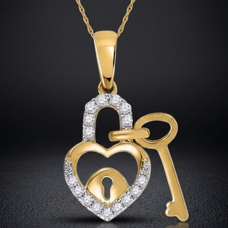 The 10k Gold Diamond Heart Lock Key Pendant (1/10 CTTW) features a yellow gold heart-shaped lock with a central keyhole and a delicate heart key dangle, beautifully set against a dark background.