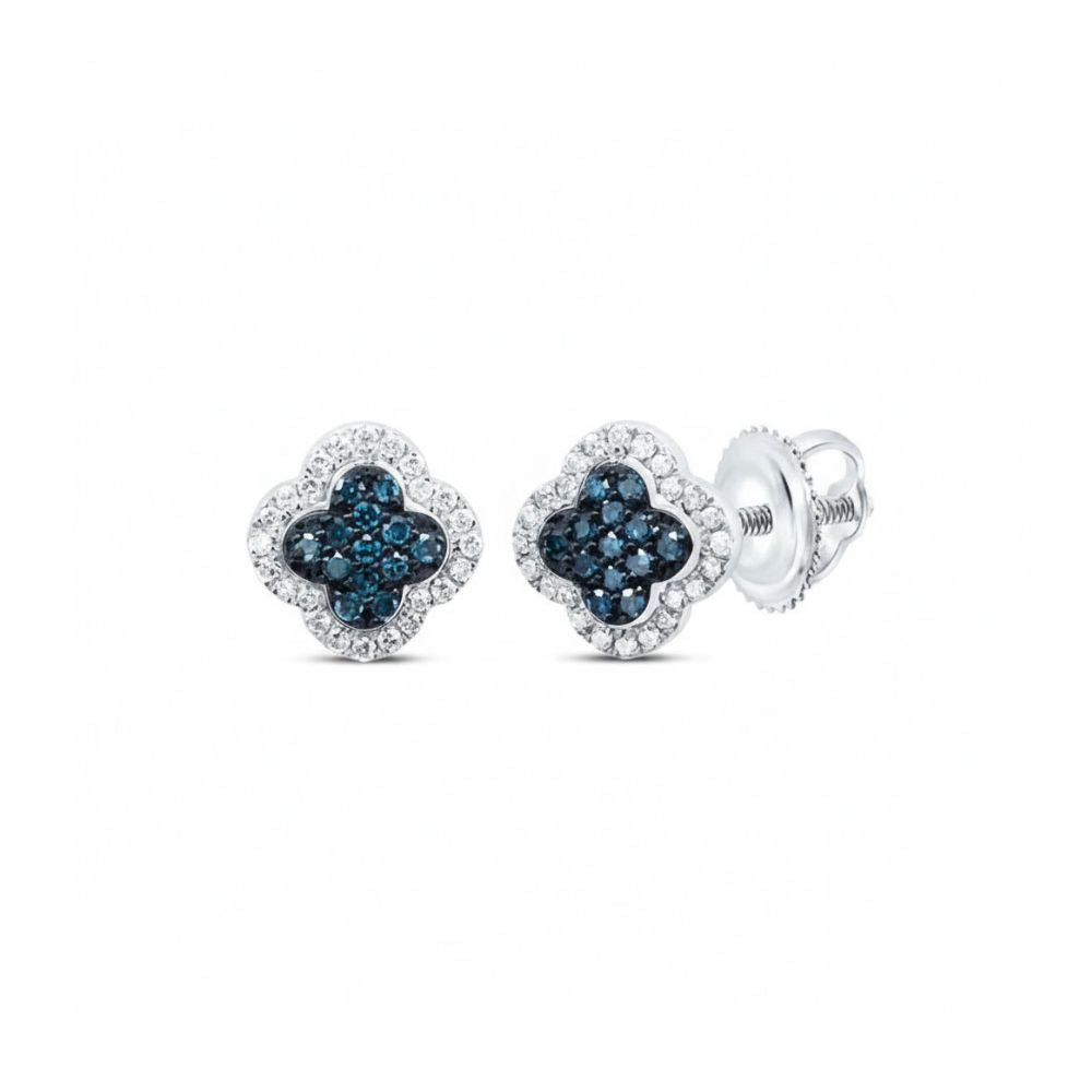 The 1/5CTW Blue Diamond Clover Earrings feature P1 clarity blue diamonds surrounded by clear stones, set in 10k gold with secure screw-back closures.